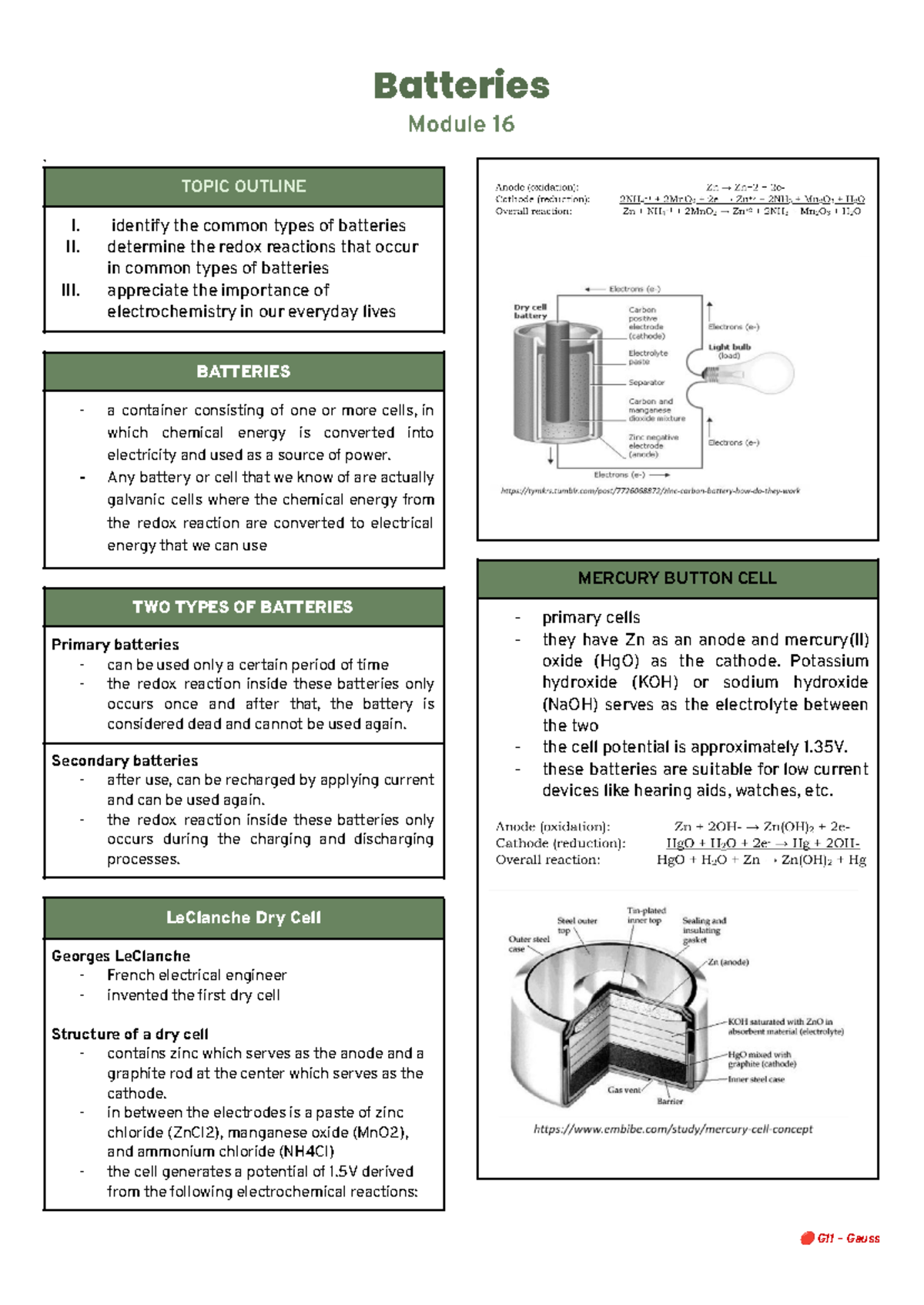 Batteries - Batteries Module 16 + TOPIC OUTLINE I. identify the common ...