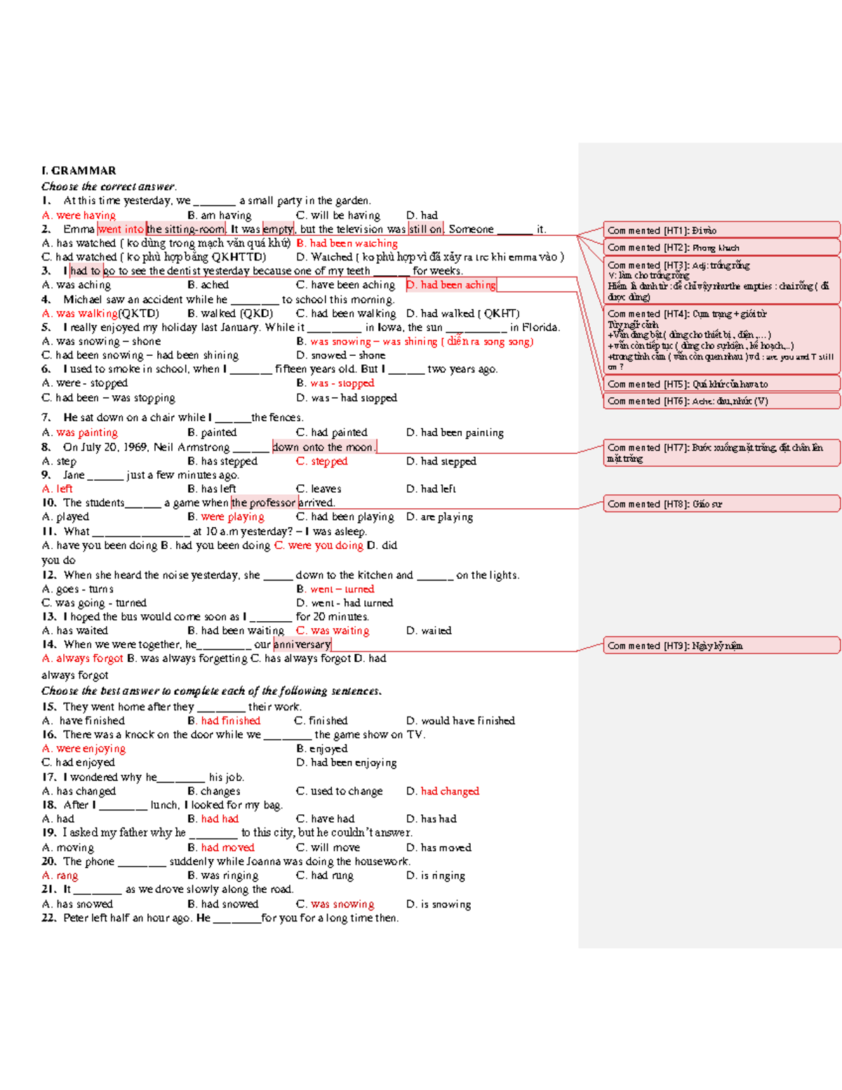 I. GRAMMAR EXERCISES - Tenses and Verb Forms - Studocu