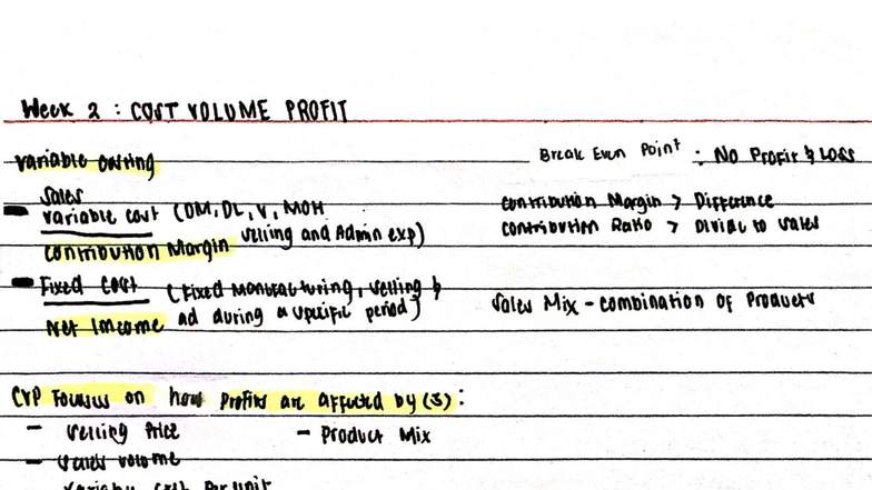 Week 2: Cost Volume Profit Analysis Notes (COST 101) - Studocu