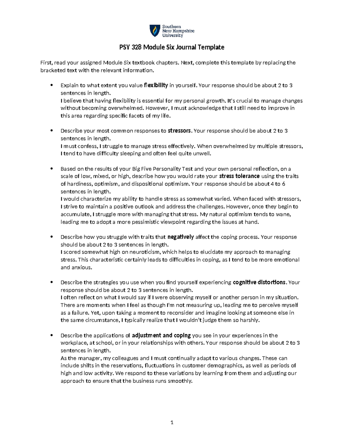 PSY 328 Module Six Journal: Reflections on Flexibility and Stress ...