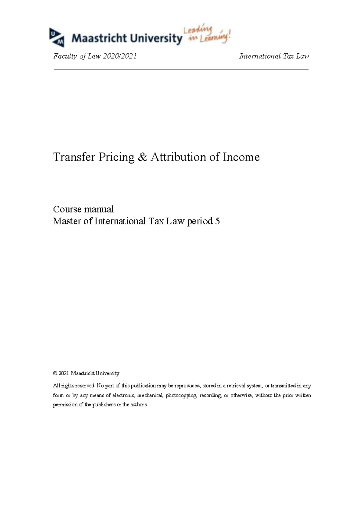 Course Manual: International Tax Law - Transfer Pricing & Attribution ...