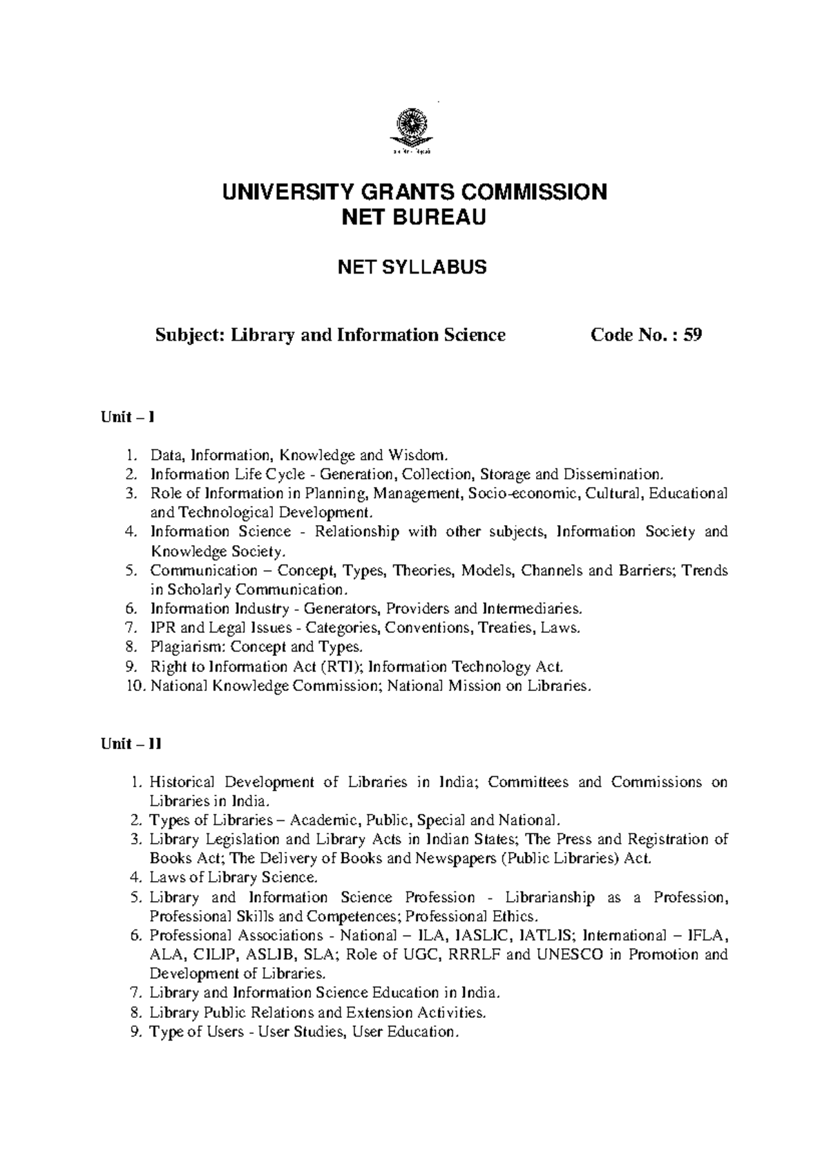 Library and Information Science Syllabus - UGC NET Code No. 59 - Studocu
