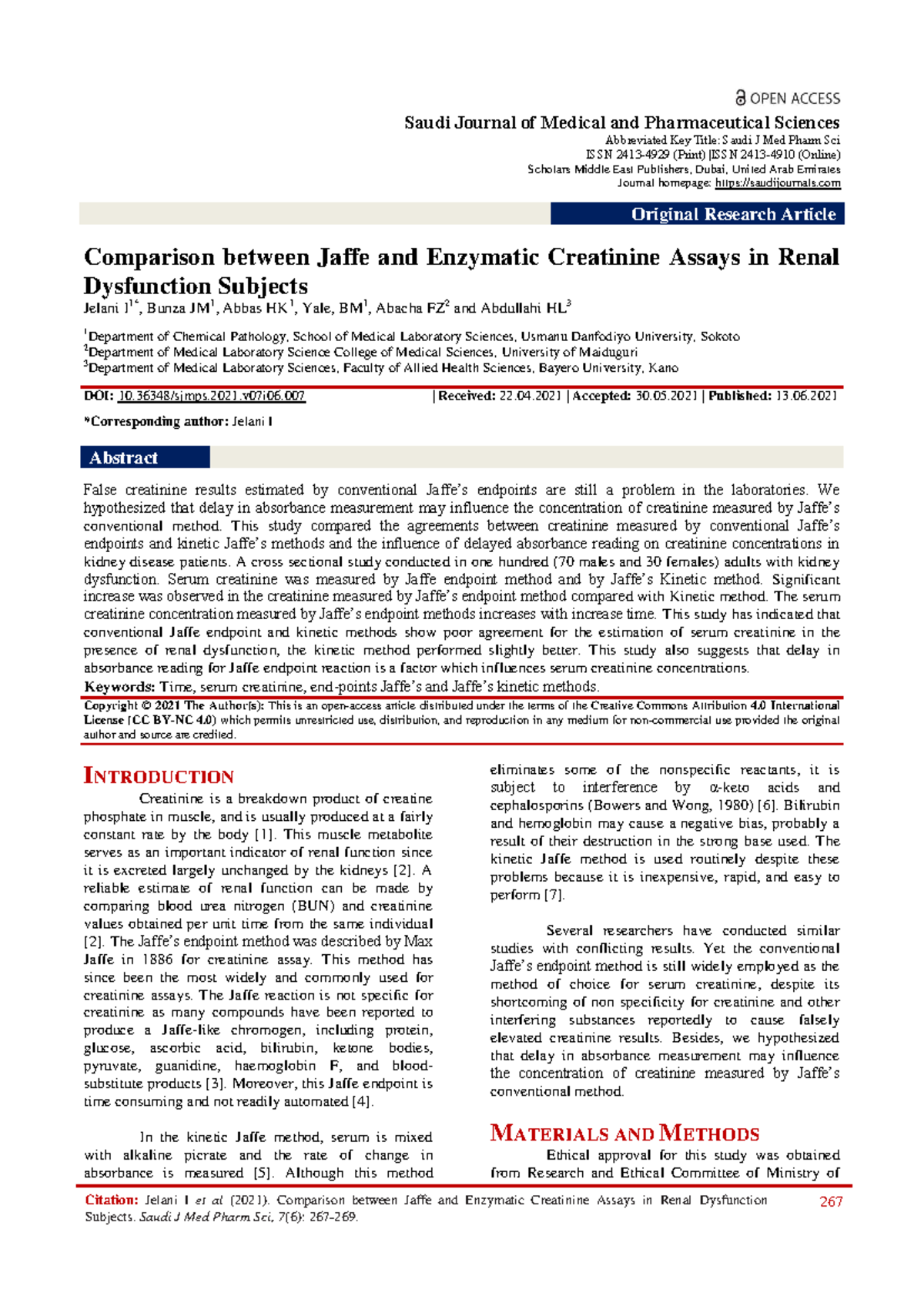 Comparison of Jaffe vs Kinetic Creatinine Assays in Renal Dysfunction ...