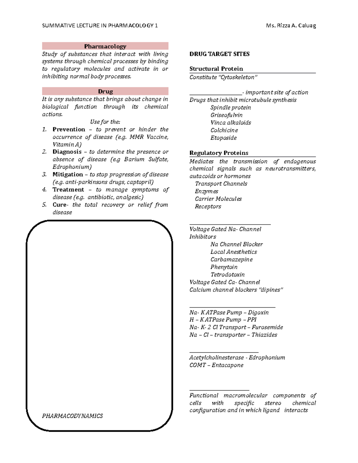 Pharmacology 1 Exam Review Notes - Ms. Rizza A. Caluag - Studocu