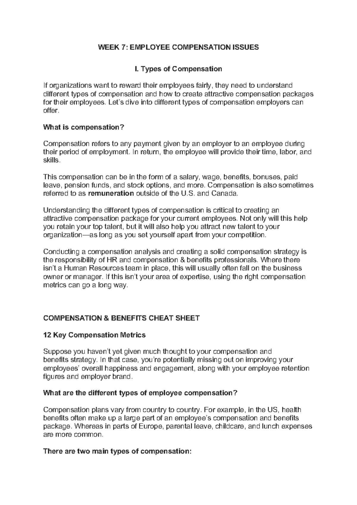 WEEK 7 - Employee Compensation Issues - WEEK 7: EMPLOYEE COMPENSATION ...