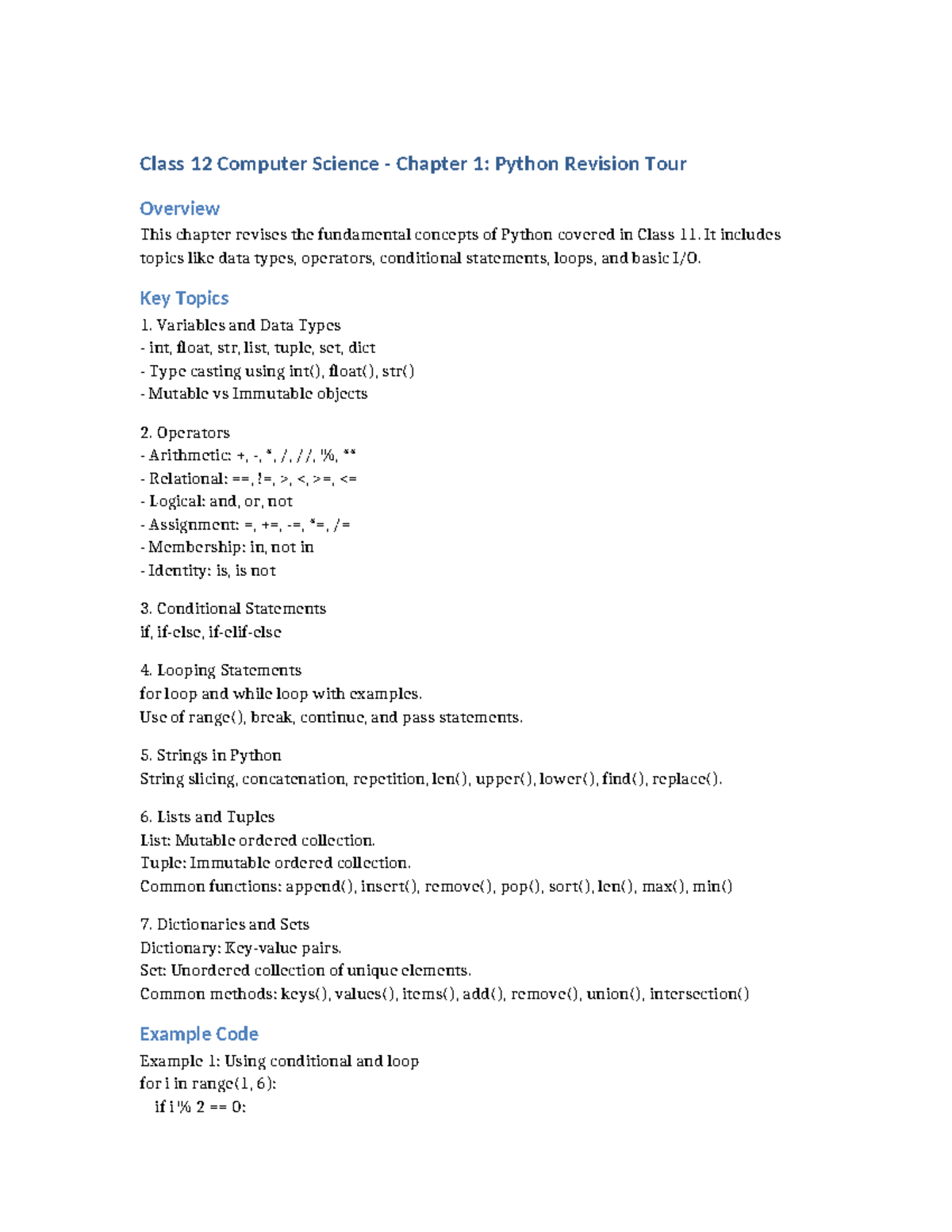 Class 12 CS Chapter 1: Python Concepts Revision Overview - Studocu
