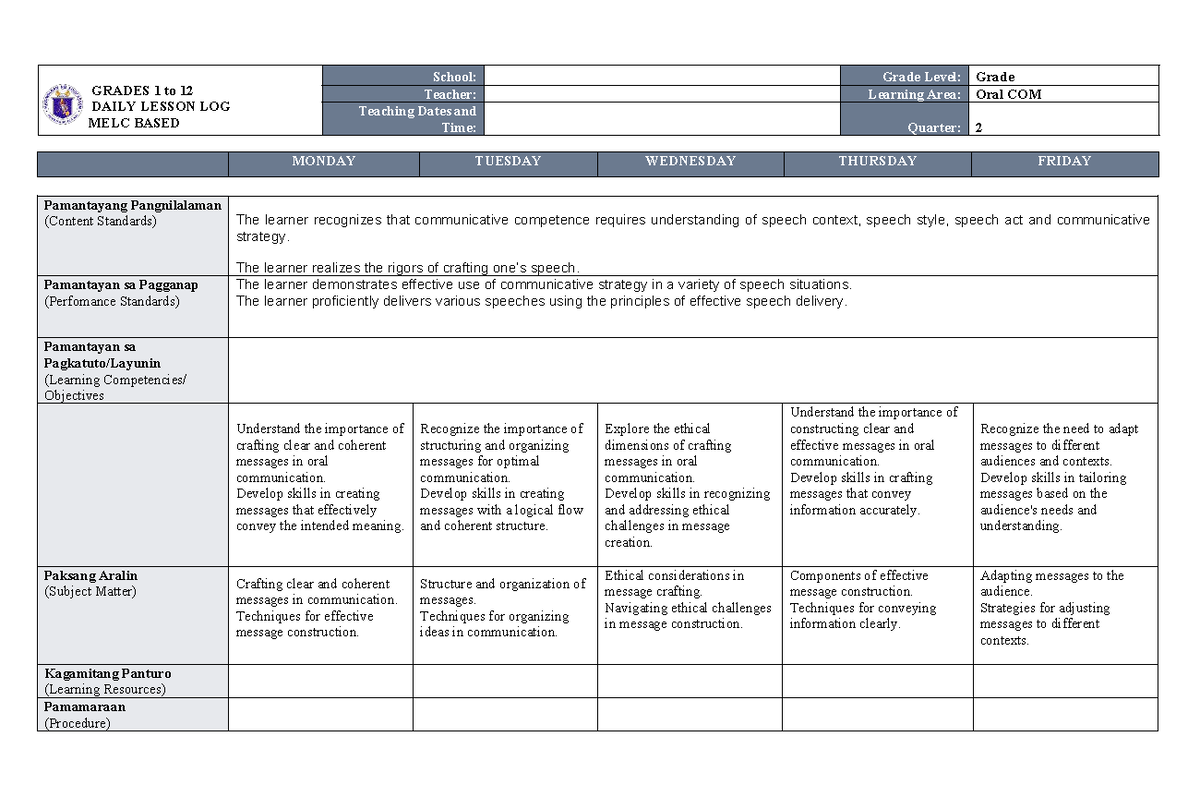WEEK 7: Daily Lesson Log for Grades 1-12 - Oral Communication MELC ...