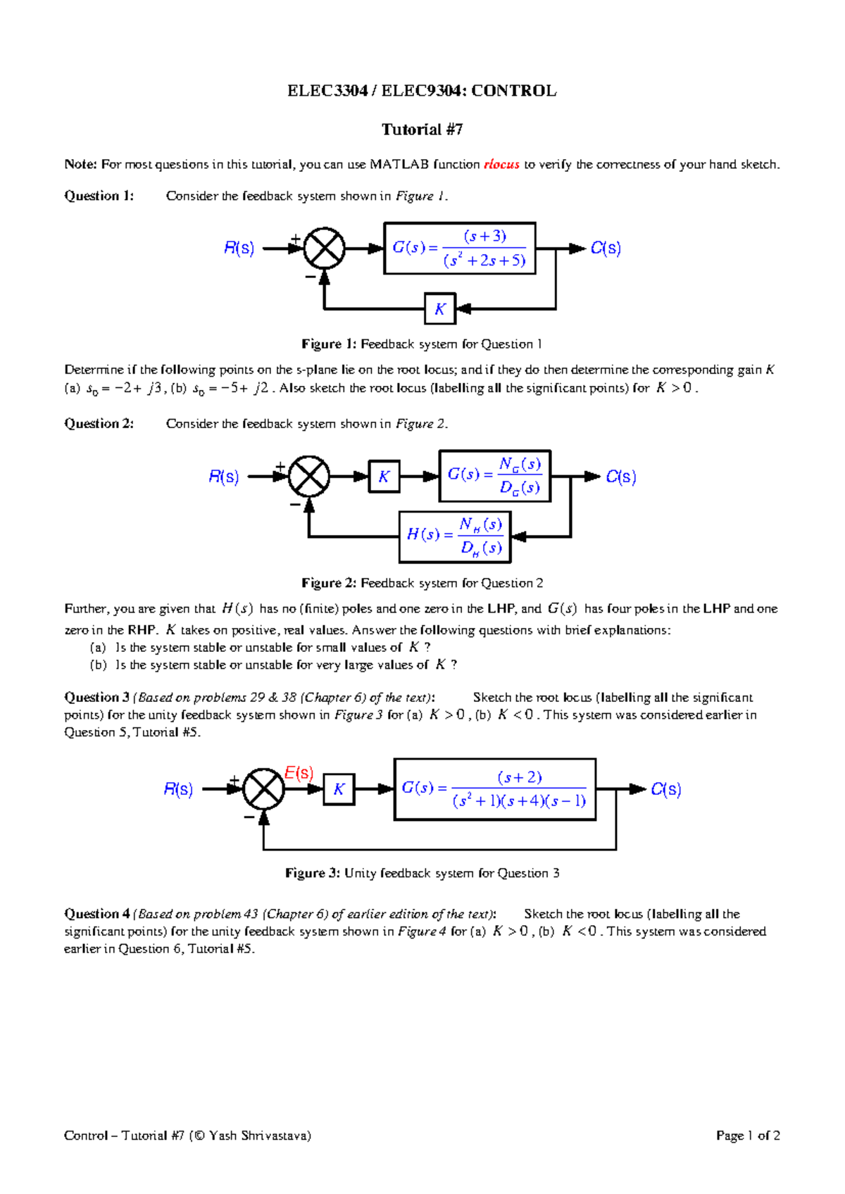 ELEC3304 ELEC9304: Control Tutorial 7 - Root Locus Analysis - Studocu