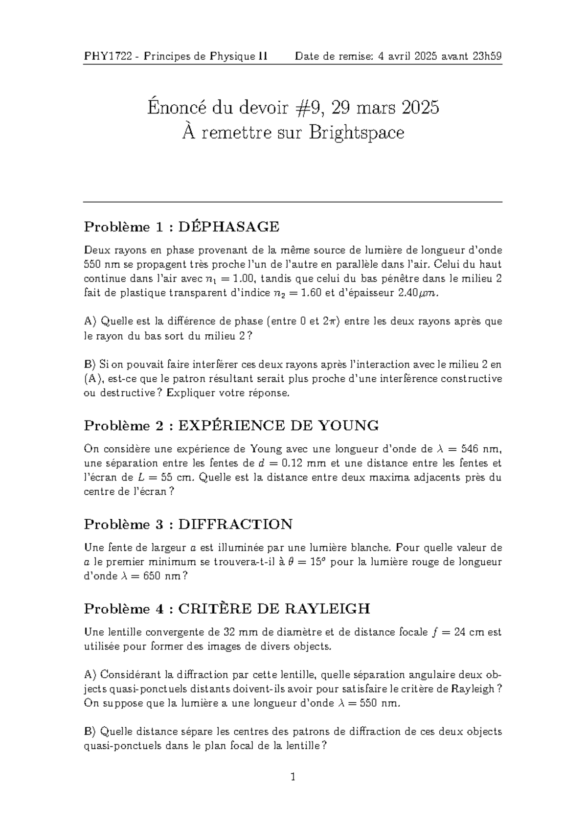 Devoir 9 PHY1722 - Principes de Physique II, Hiver 2025 - Studocu