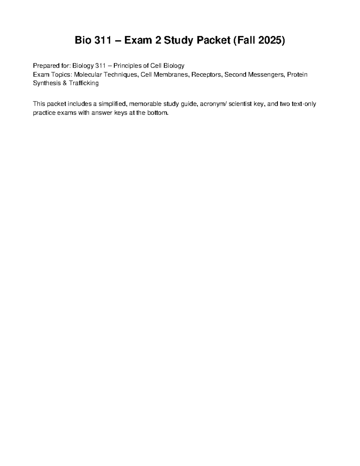 Bio 311 Exam 2 Study Guide & Practice Tests (Fall 2025) - Studocu