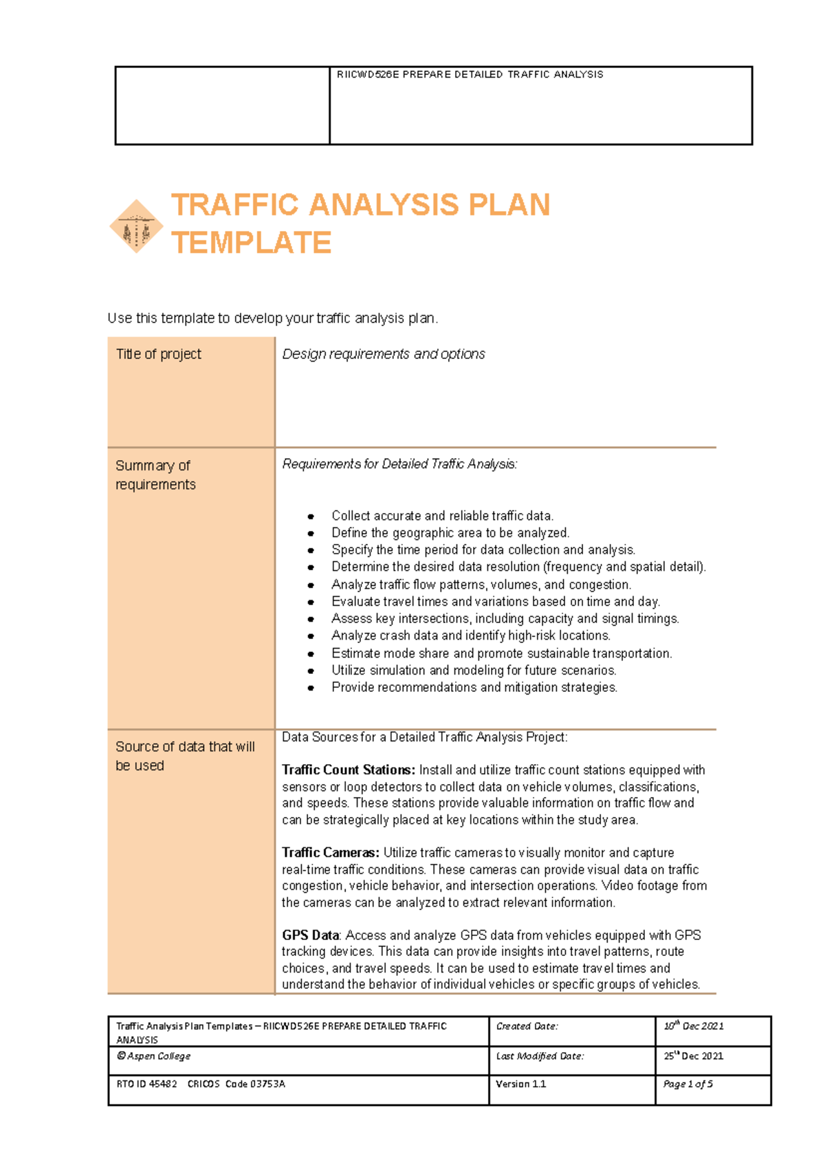 TRAFFIC ANALYSIS PLAN - RIICWD526E: Design Requirements & Options - Studocu