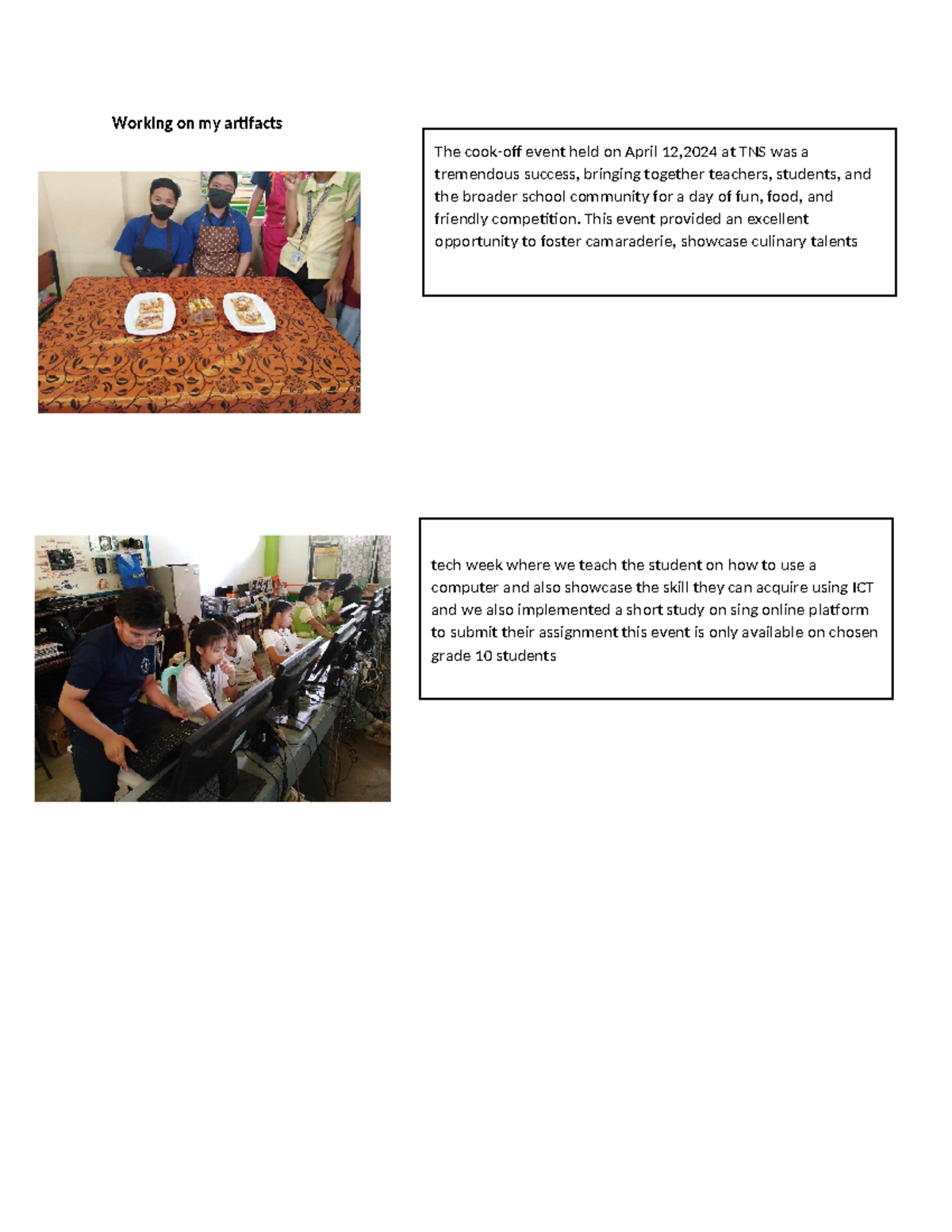 TLE 10: Artifacts from Cook-Off Event & ICT Teaching Reflections - Studocu