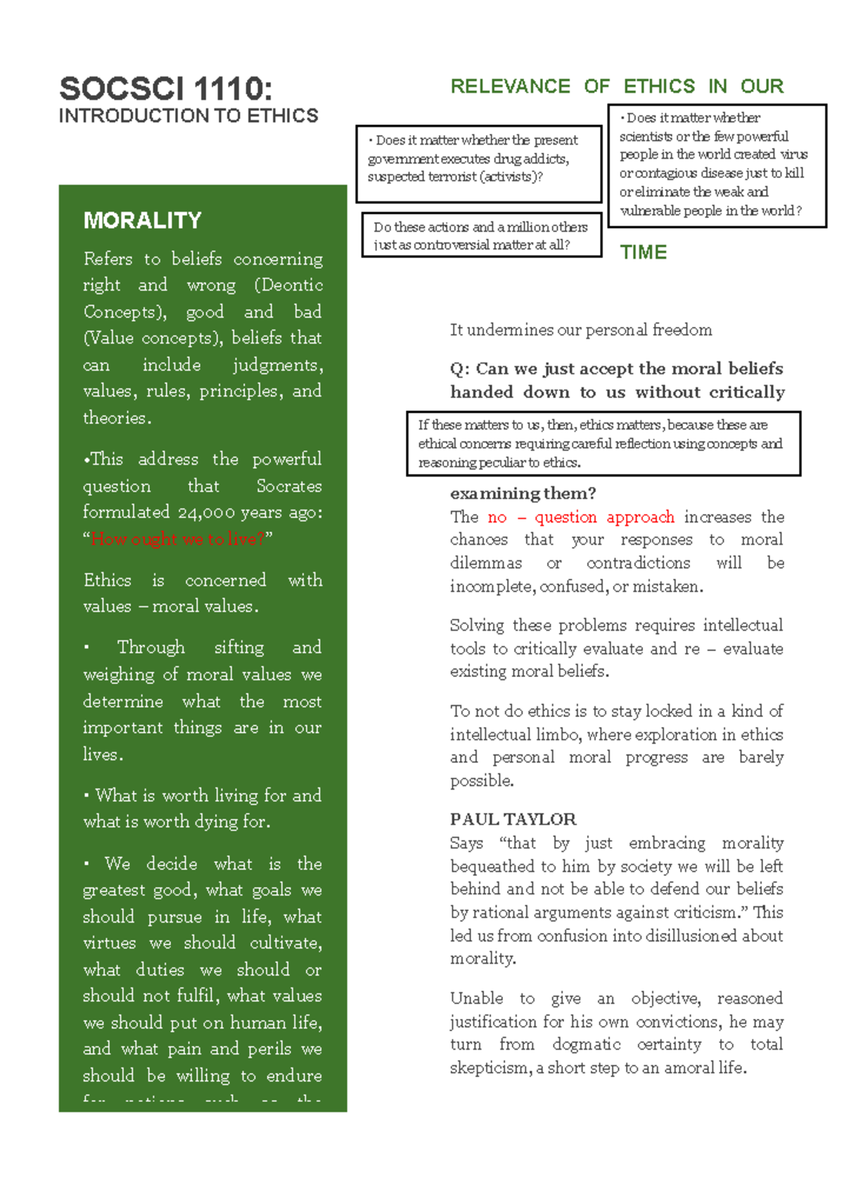 Socsci 1110 Ethics - Comprehensive Lecture Notes on Morality - Studocu