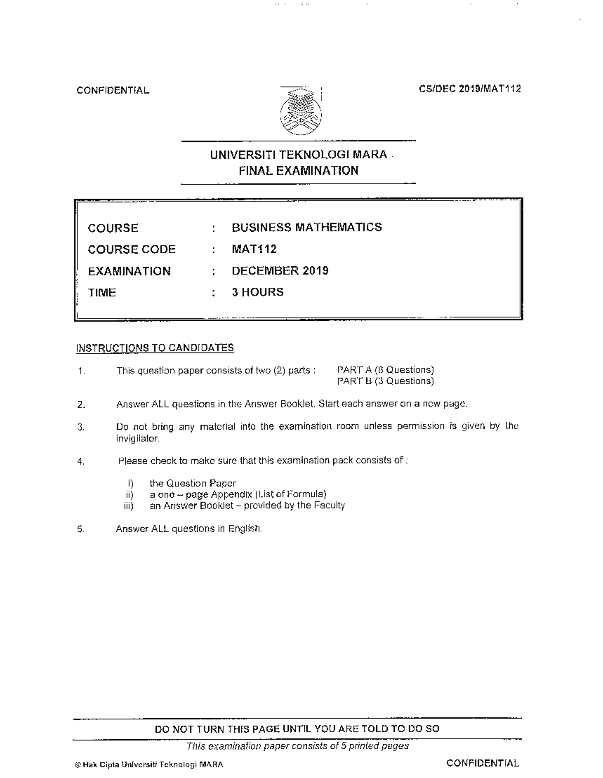 past year questions mat112 - UNIVERSITITEKNOLOGIMARA FINALEXAMINATION ...