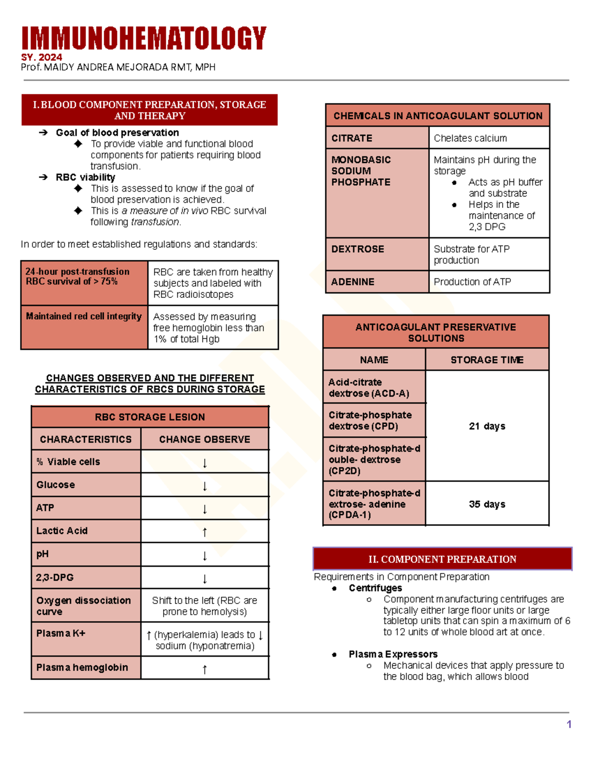 BB Trans - Blood Component Preparation and Transfusion Reactions Notes ...