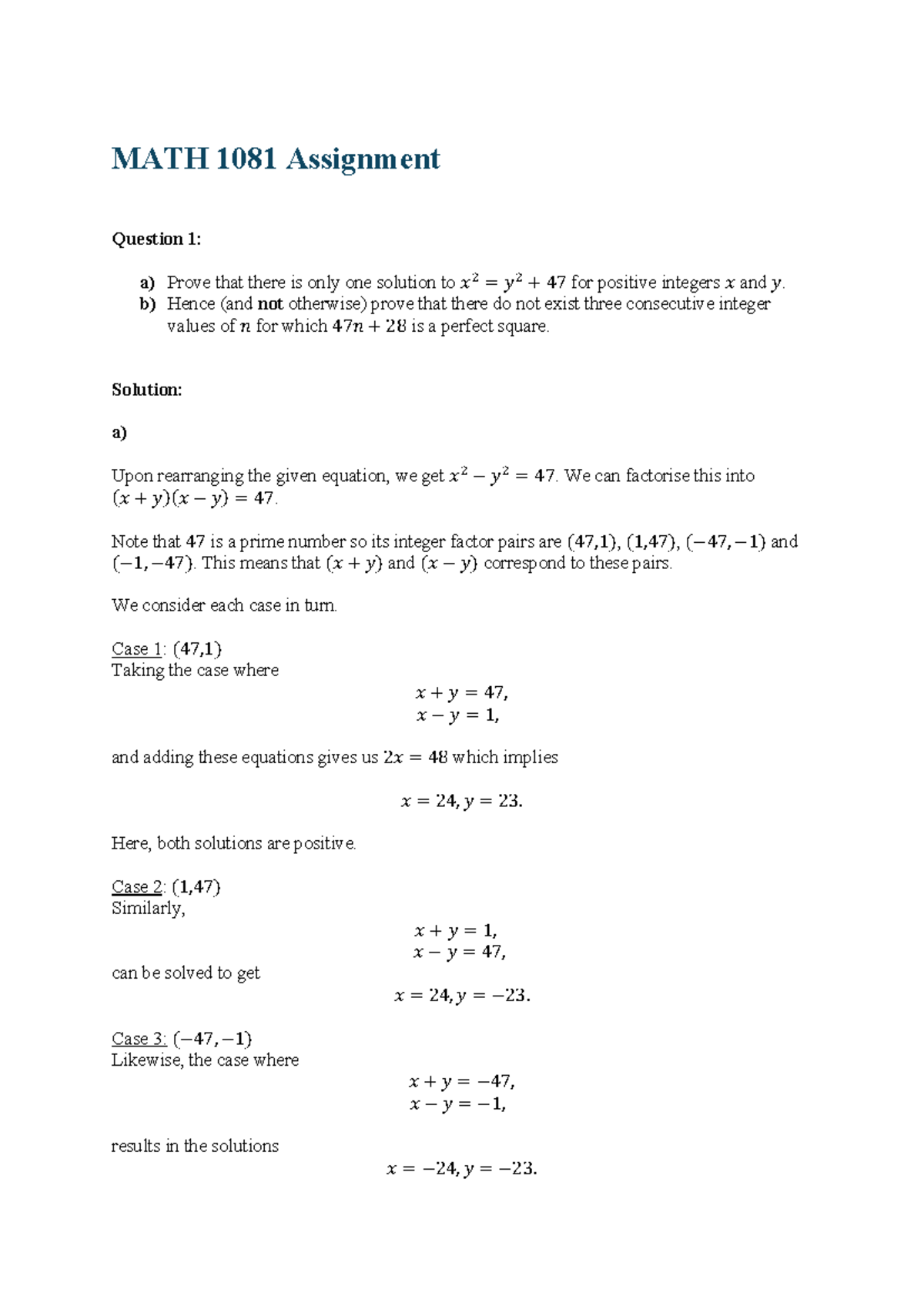 MATH 1081 Final Assignment: Proving Integer Solutions and Functions ...