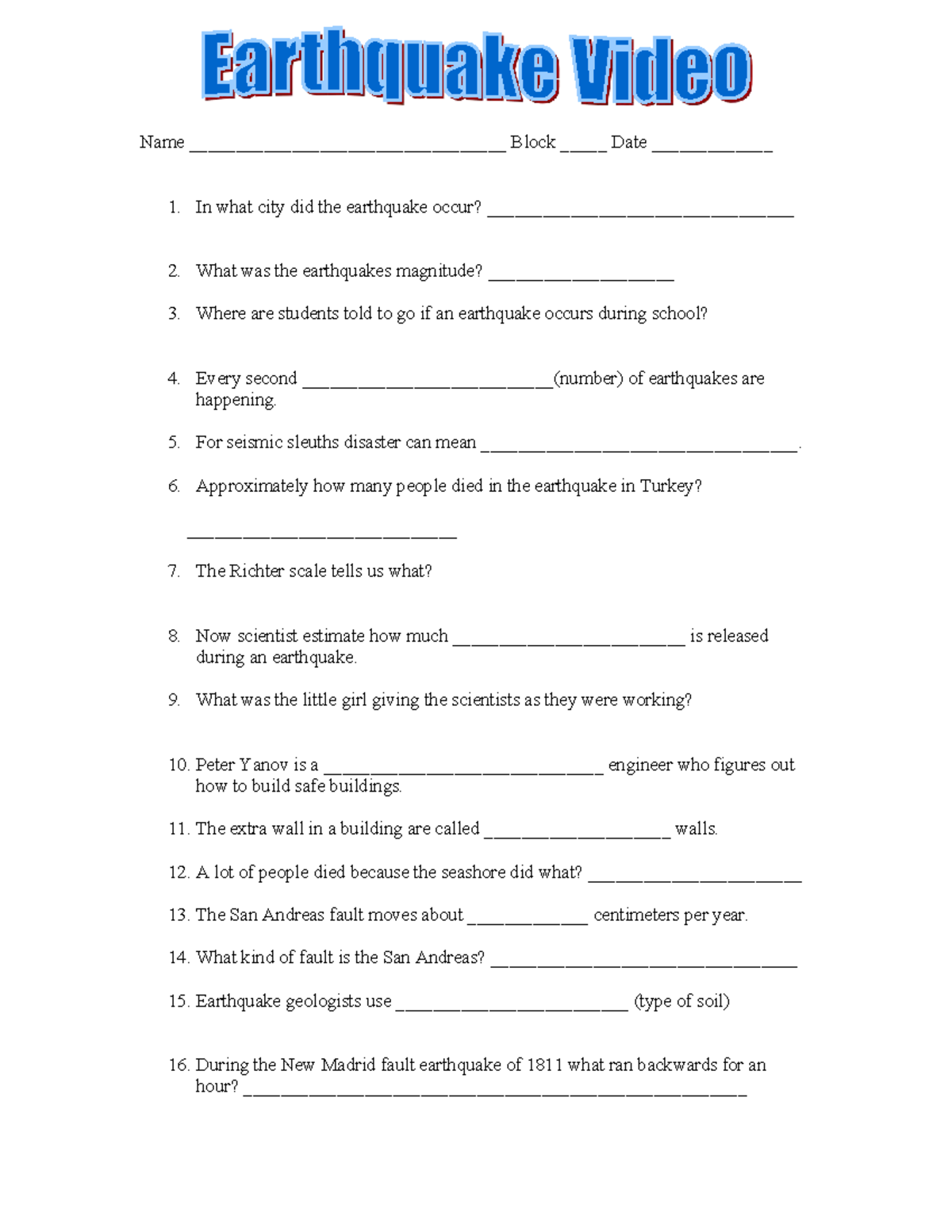 Earthquake Video Study Guide: Key Questions & Insights - Studocu