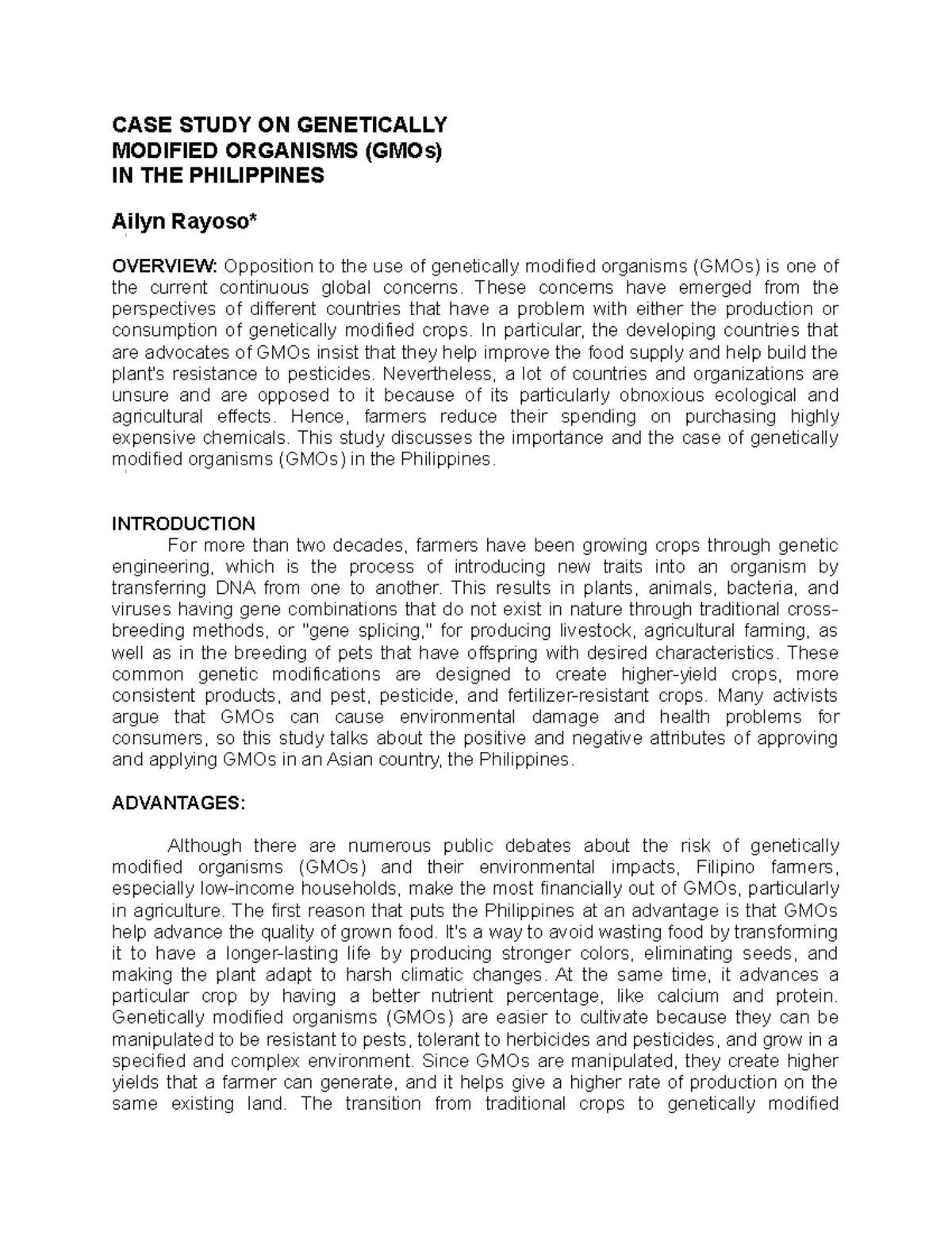 CASE Study on Genetically Modified Organisms in the Philippines - Studocu