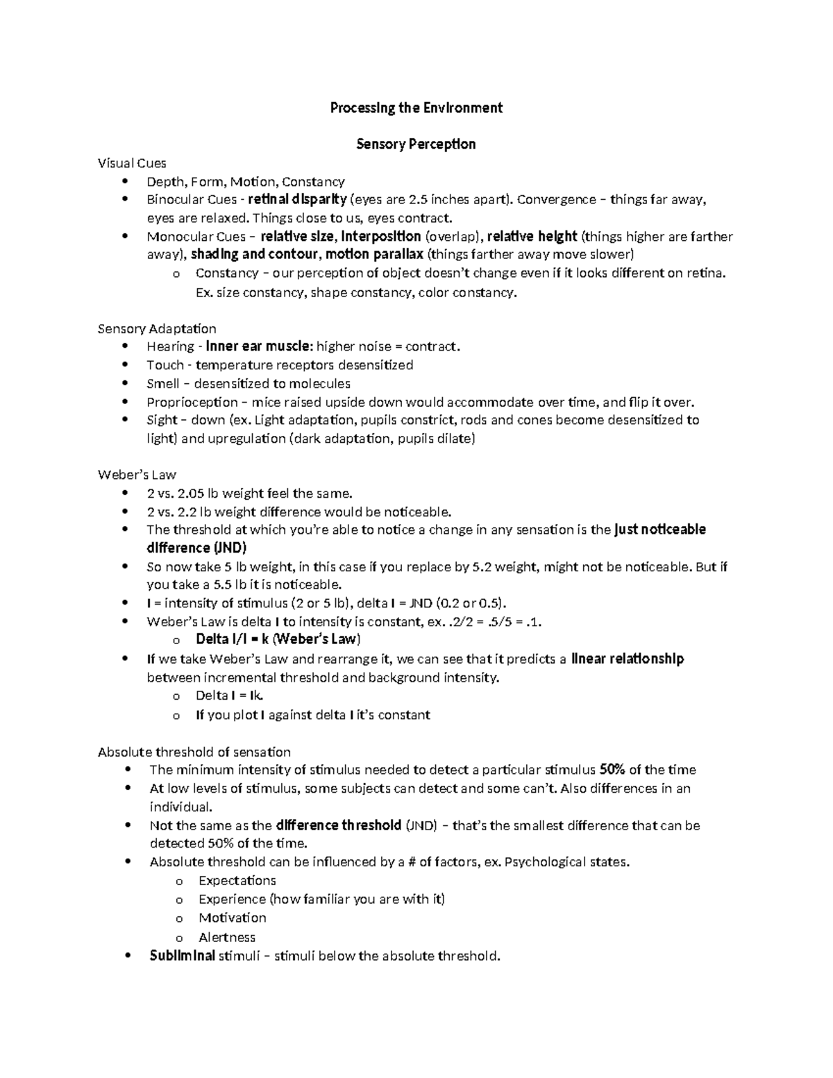 KA Notes - Vbhu: Sensory Perception and Processing in Psychology - Studocu