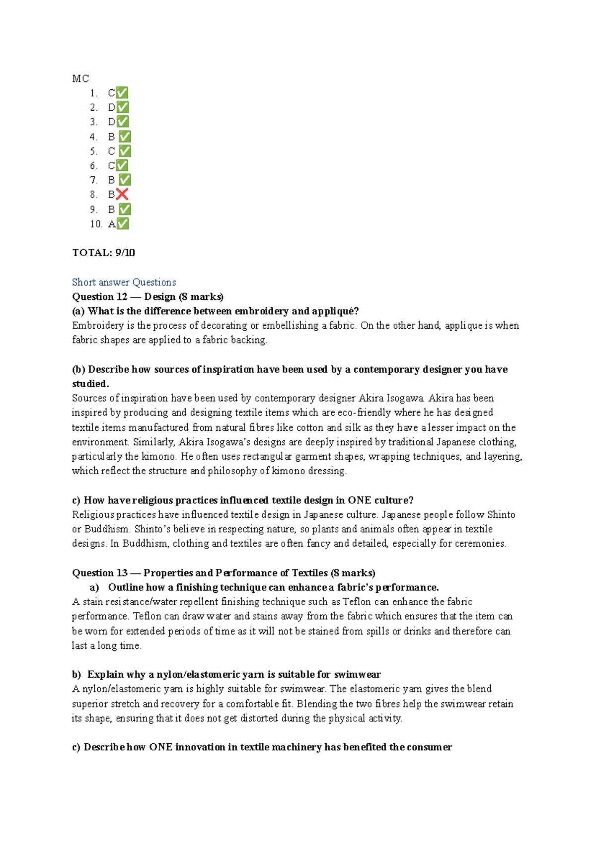 Textiles 2018 Paper Practice Responses: Short Answer Questions - Studocu