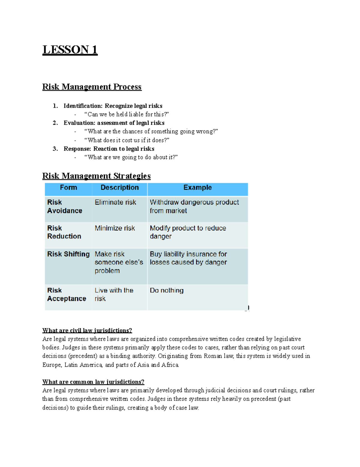 LAW 122 Final Exam Notes: Understanding Legal Risks and Jurisdictions ...
