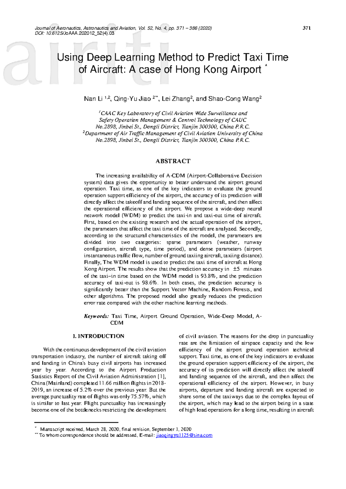Using Deep Learning to Predict Aircraft Taxi Time: A Case Study of HK ...