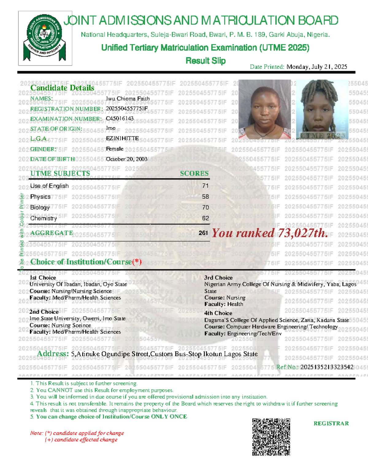 UTME 2025 Result Slip for Iwu Chioma Faith - Registration No ...