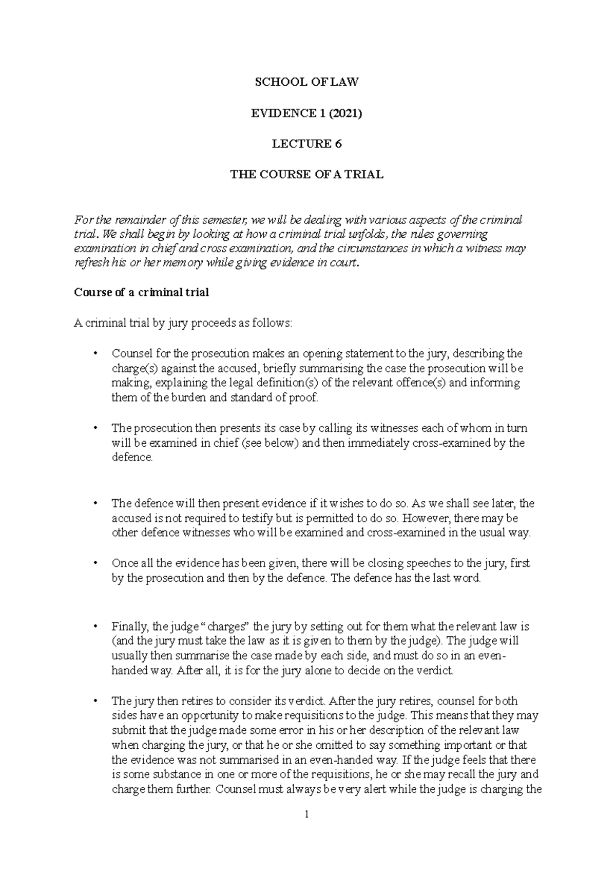 Evidence I: The Course of a Criminal Trial - Lecture Notes - Studocu