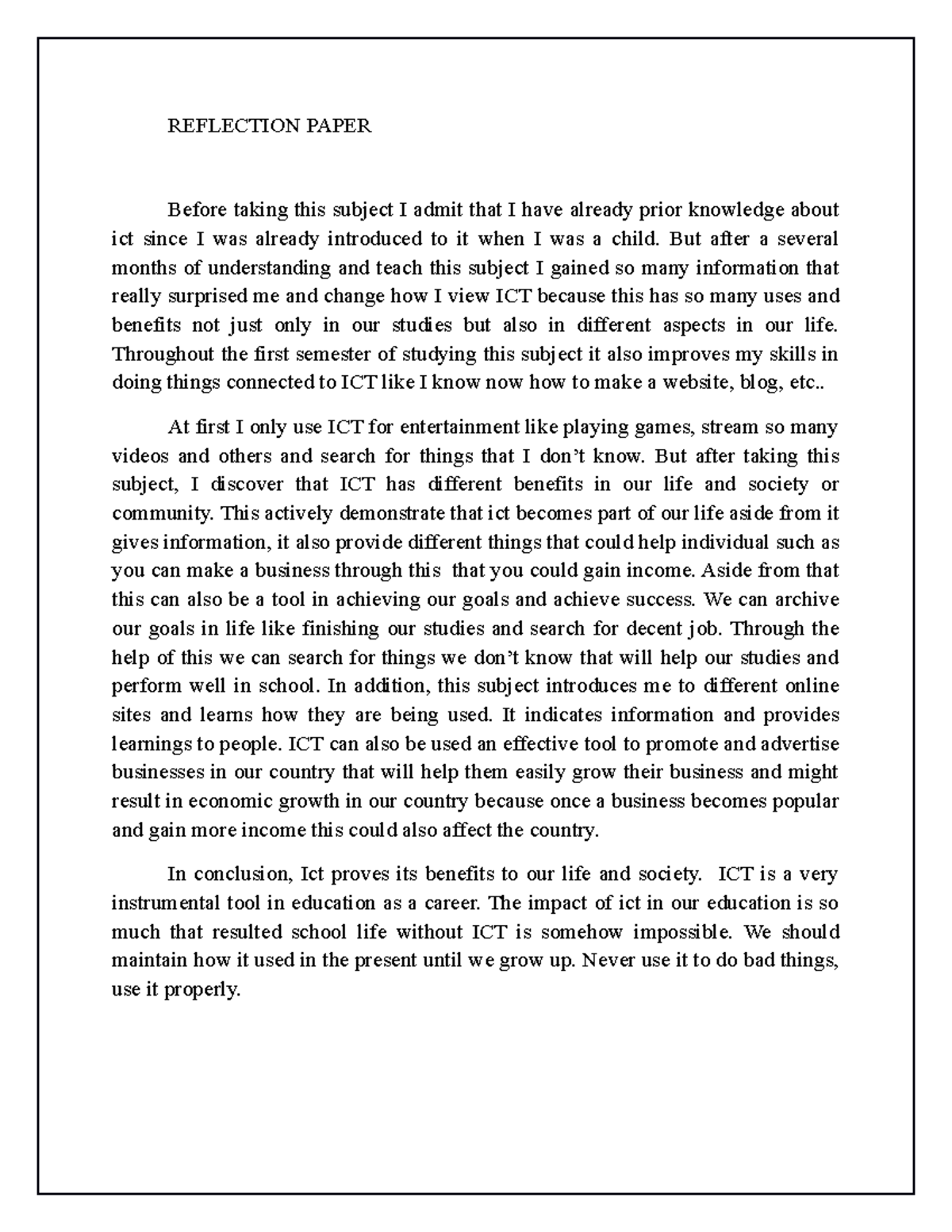 Reflection Paper - Bzbzjxj - REFLECTION PAPER Before taking this ...