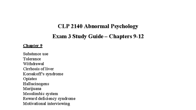 CLP 2140 Abnormal Psychology Exam 3 Study Guide: Ch 9-12 Overview - Studocu
