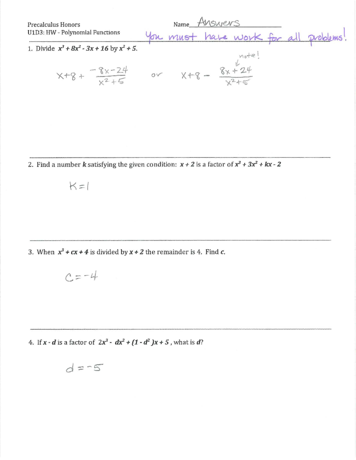U1D4: HW Answers for Polynomial Functions in Precalculus Honors - Studocu
