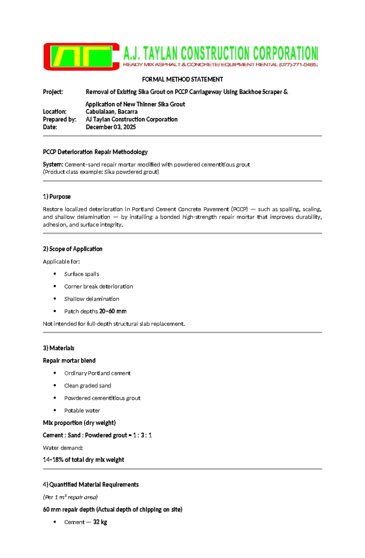 Formal Method Statement: PCCP Grout Removal & Repair Process - Studocu