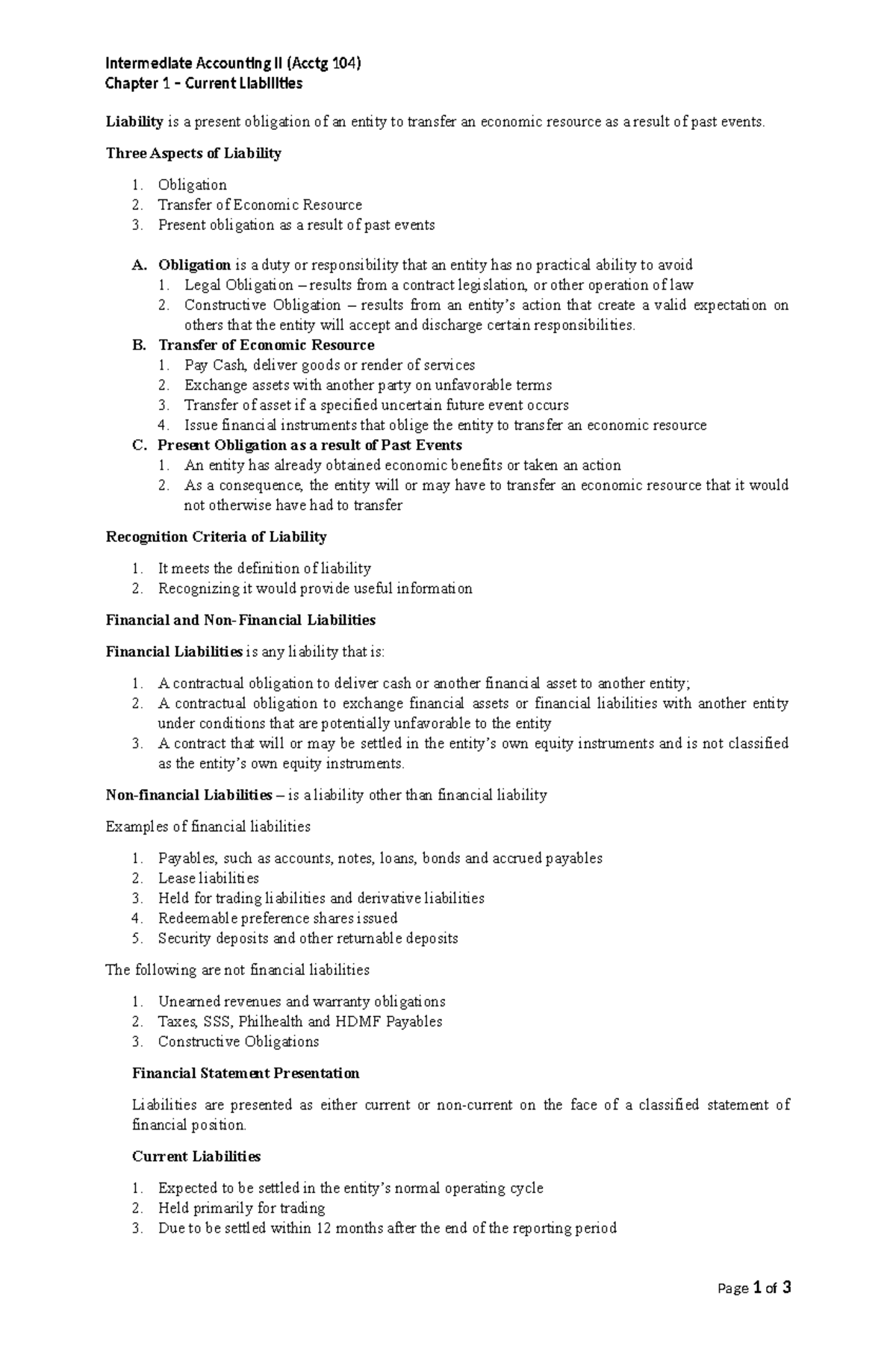 Intermediate Accounting II (Acctg 104) Chapter 1: Current Liabilities ...