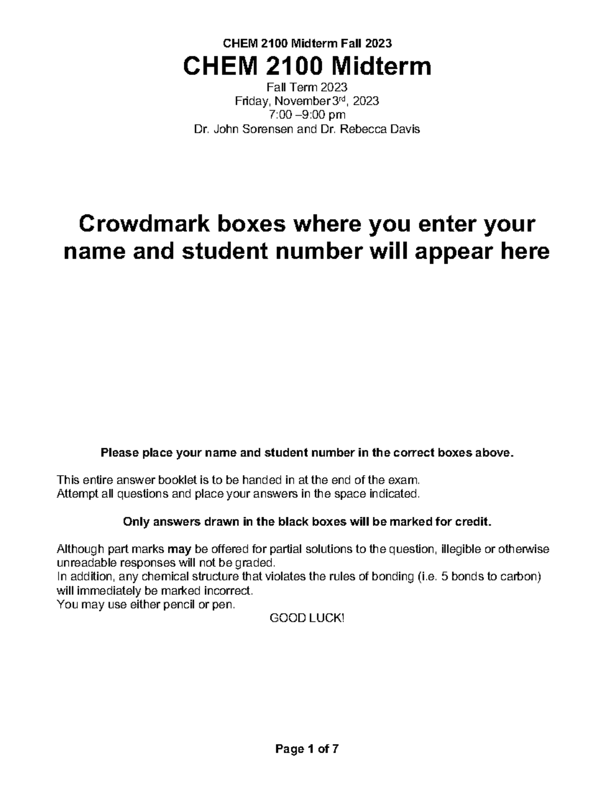 CHEM 2100 Midterm Exam Fall 2023 - Detailed Answer Guide - Studocu