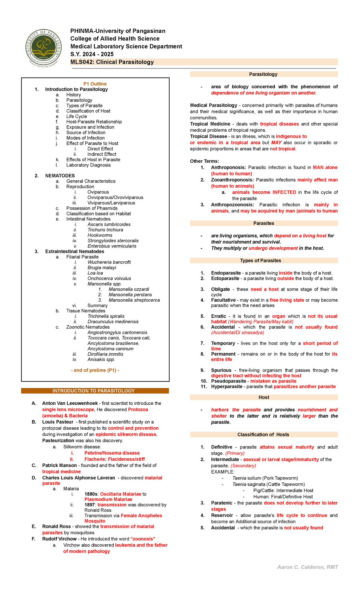 MLS042: Clinical Parasitology Lecture Notes and Outline - Studocu