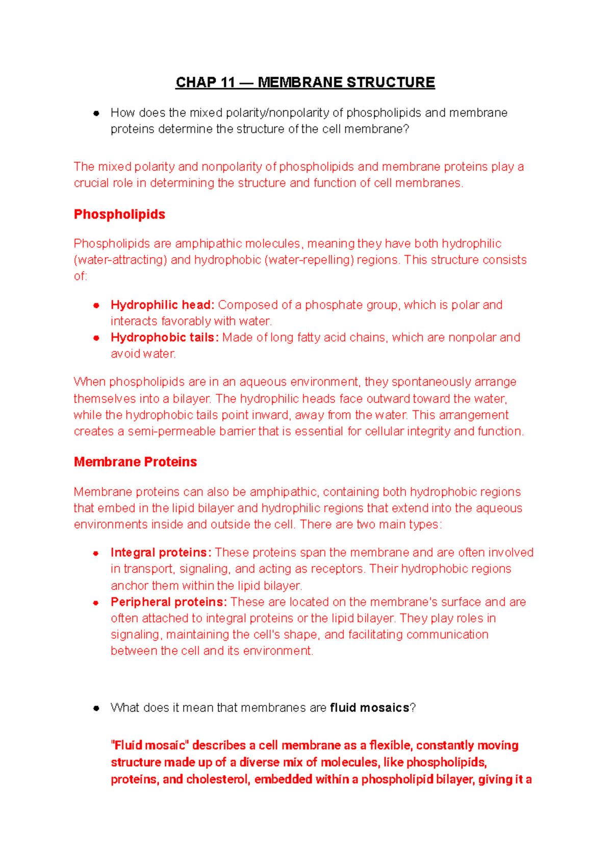 CELL BIO 101: Exam 3 Study Guide on Membrane Structure and Function ...