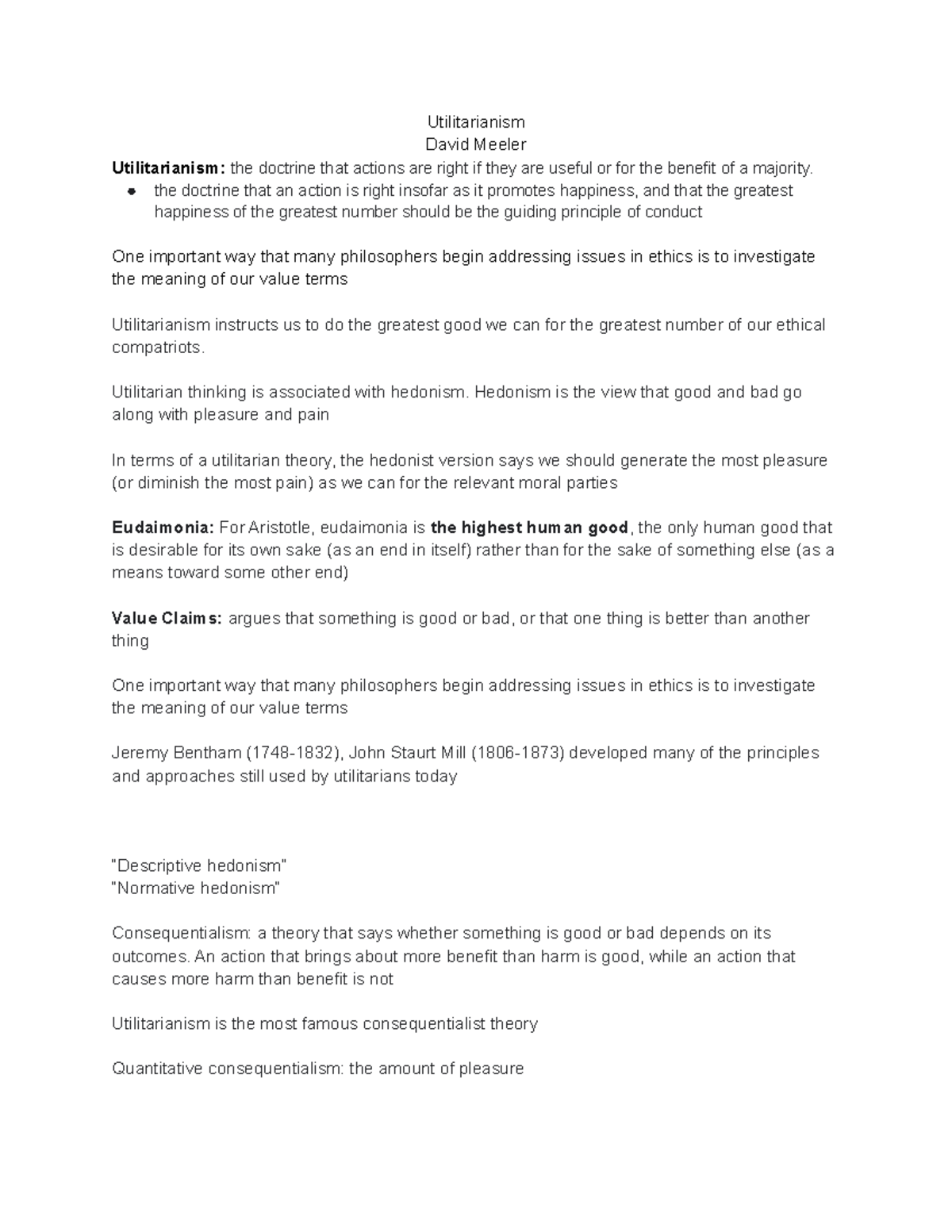 PHIL-101: Utilitarianism - Comprehensive Notes on Ethical Theory - Studocu
