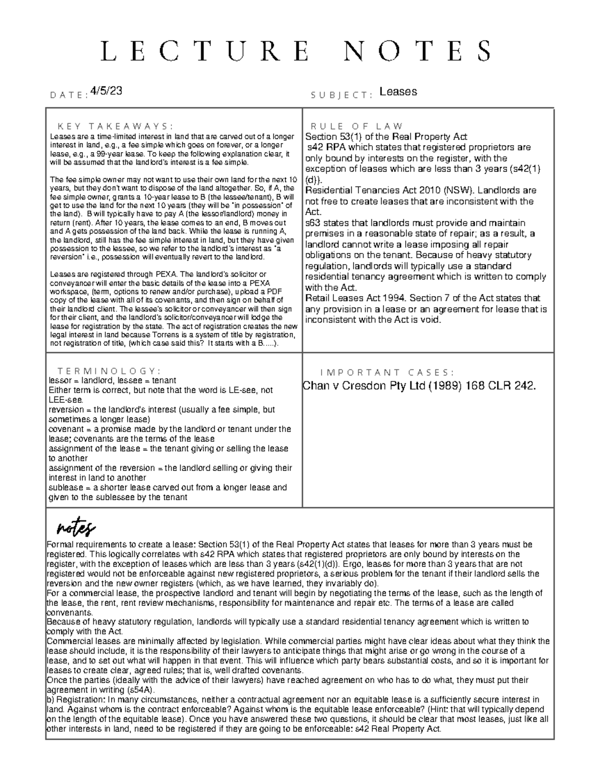 Leases Reading Notes Case Briefs Combined Part 1 - L E C T U R E N O T ...