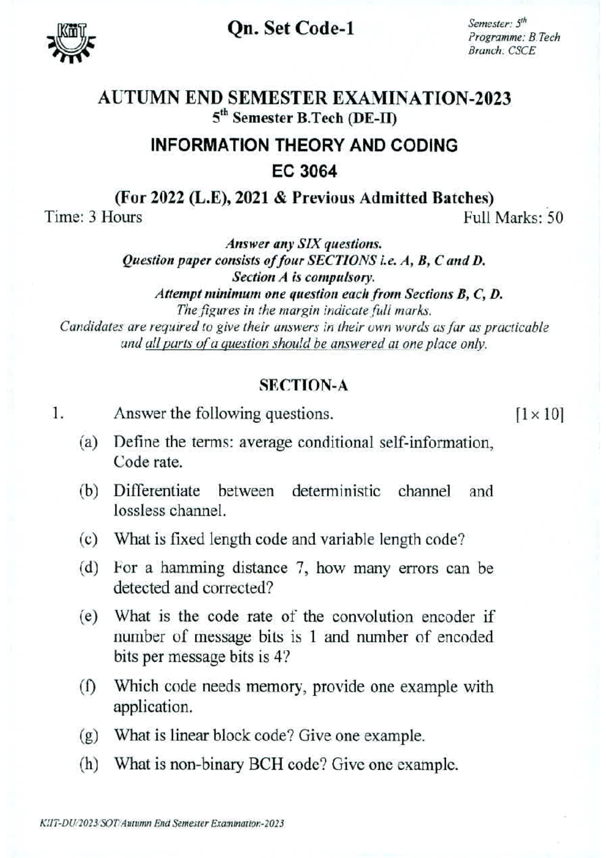 Information Theory and Coding (ITC)(EC 3064) END-SEM - Qn. Set Semester ...