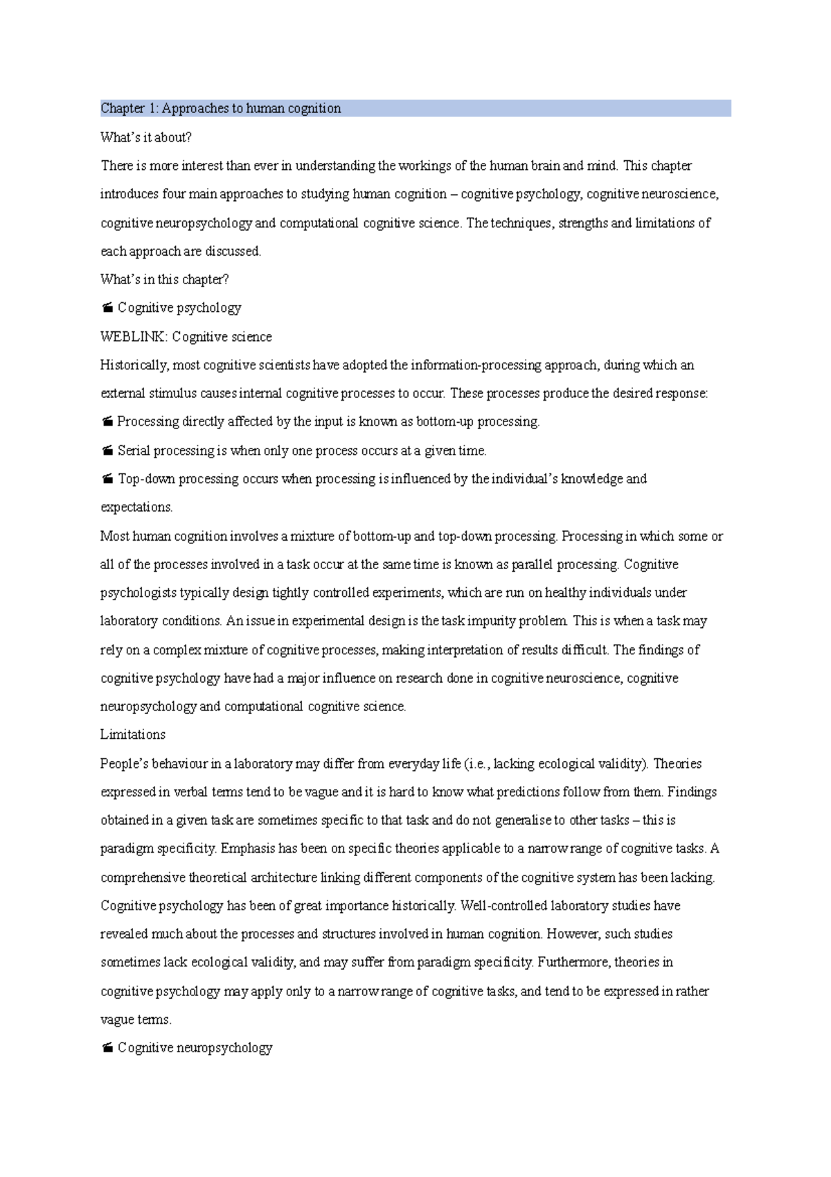 Book Summary - Lecture notes - Chapter 1: Approaches to human cognition ...