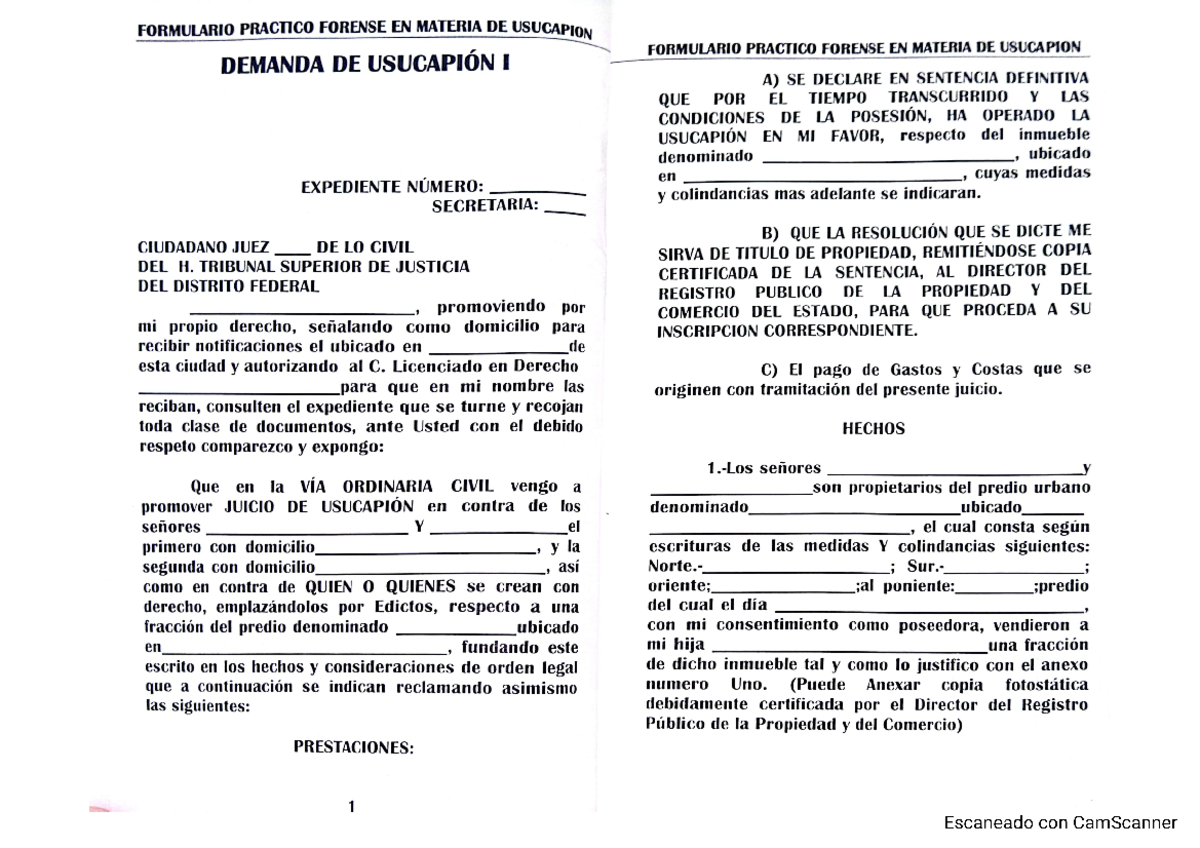 Formato De Demanda De Usucapión En Materia Agraria www.studocu.com