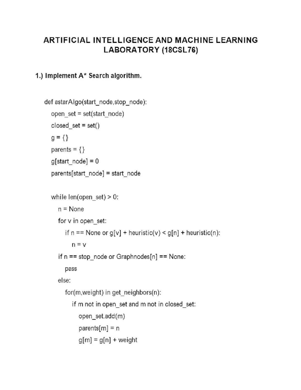 AI and ML Lab Programs: Implementing Search Algorithms and Models - Studocu