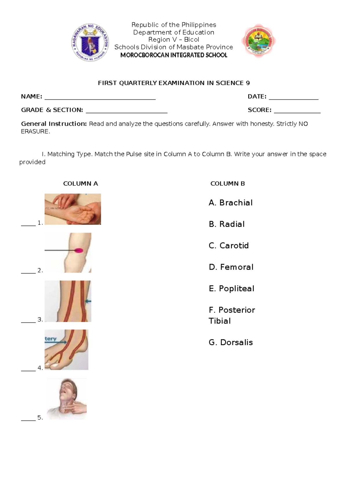 Science 9 - First Quarterly Exam Questions and Answers - Studocu