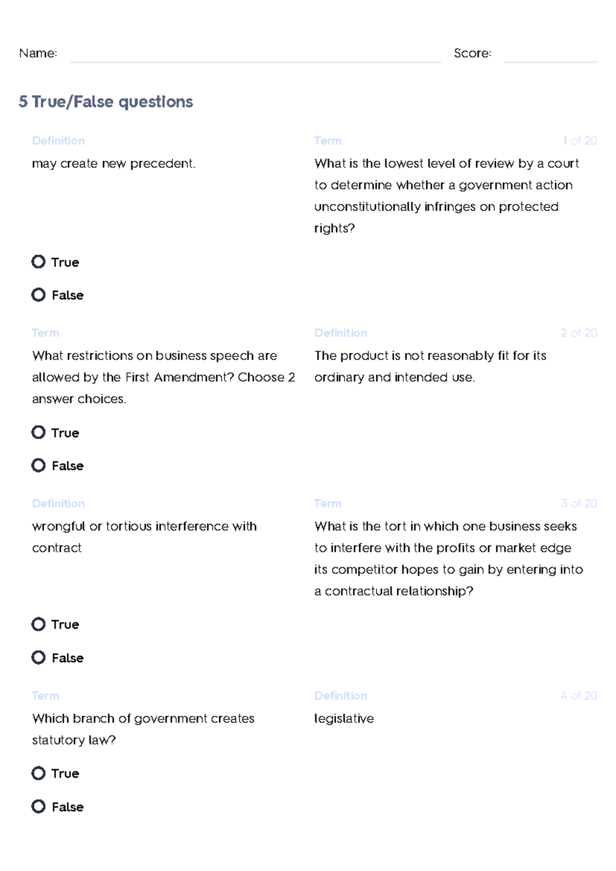 Law 101 - Quizlet Practice Test: Key Legal Concepts and Terms - Studocu