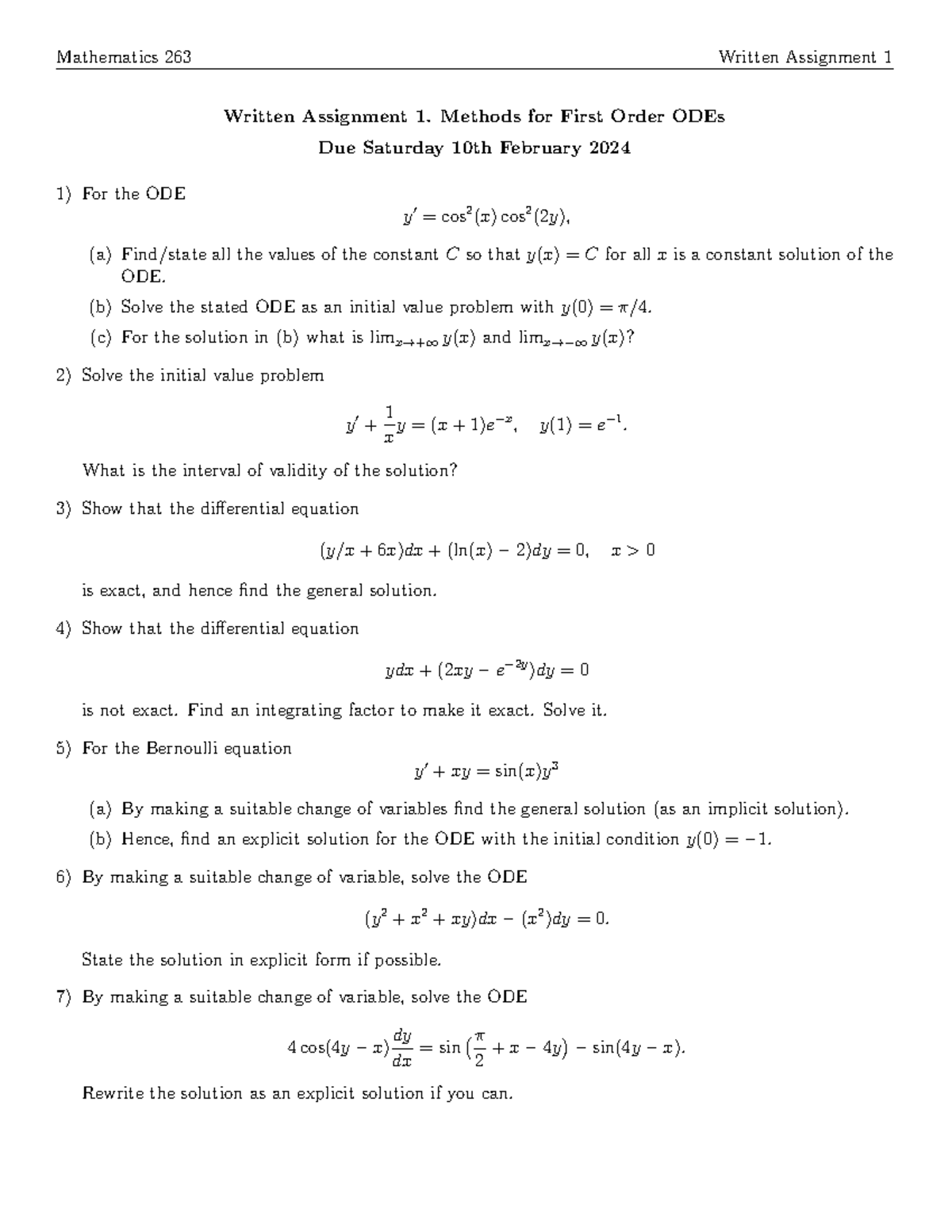 Assignment Practice - Mathematics 263 Written Assignment 1 Written ...