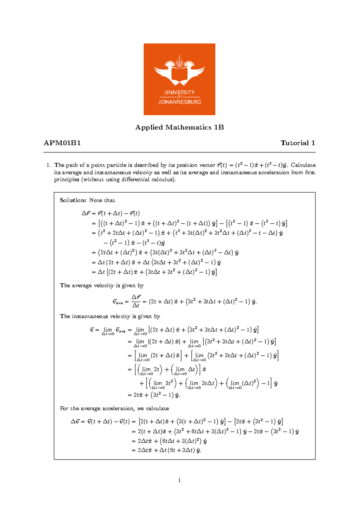 Applied Mathematics 1B: APM01B1 T02 Solutions for Velocity ...