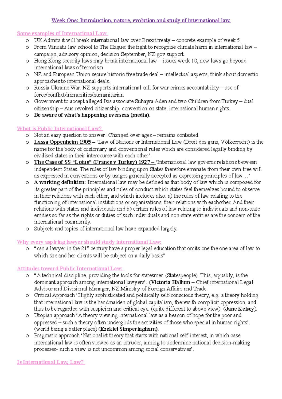 Public International Law Notes - Week One: Introduction, nature ...