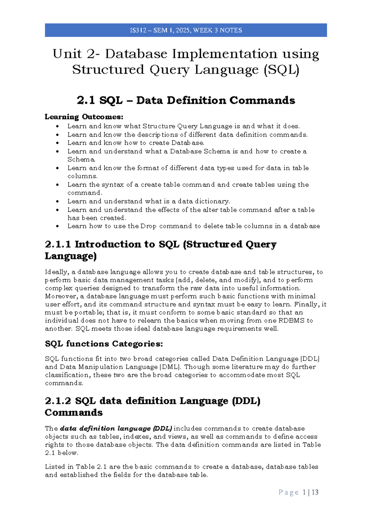 IS312 SEM 1, 2025, week 3 notes on SQL data definition commands - Studocu