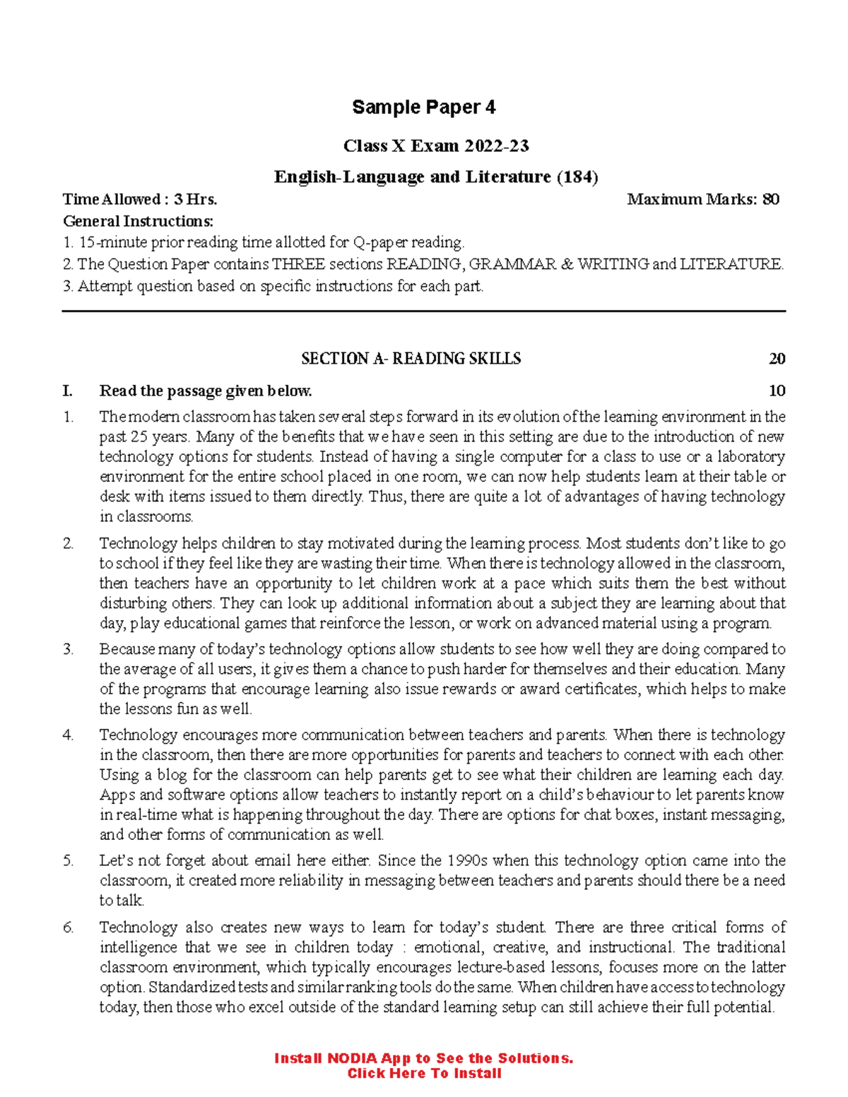 CBSE English X Sample Paper 4 - Unsolved Exam Questions - Studocu