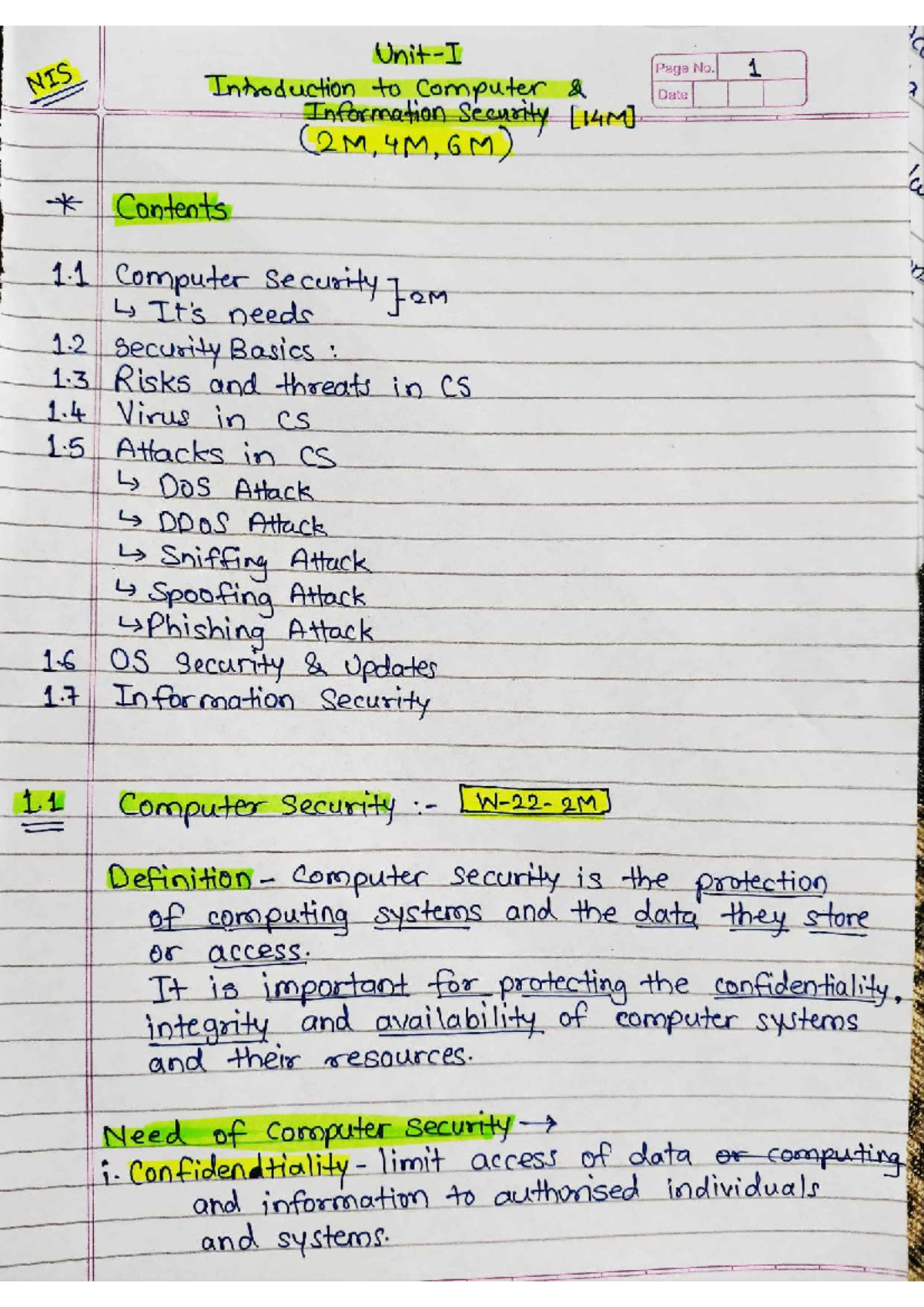 NIS UNIT-1: Lecture Notes on Computer Security Fundamentals - Studocu